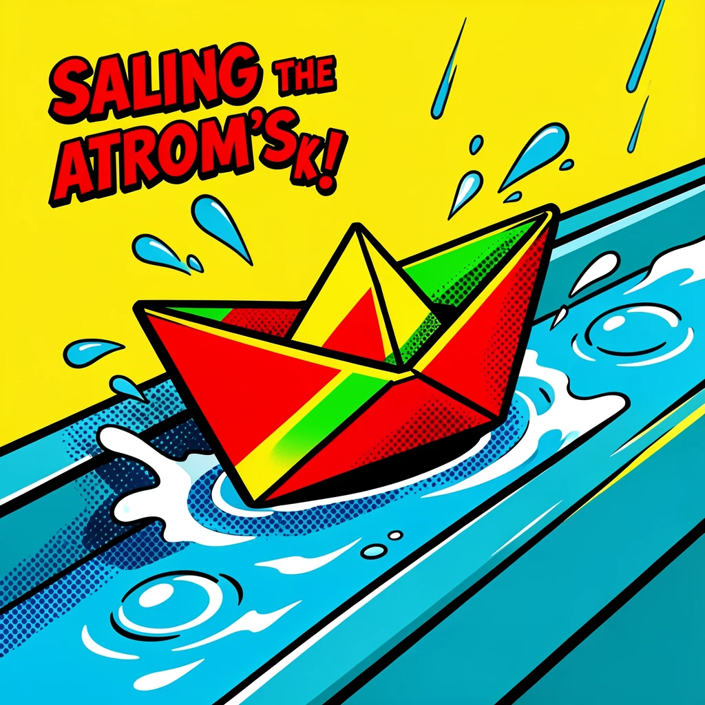 A paper boat floating down a rain-swollen gutter after a storm