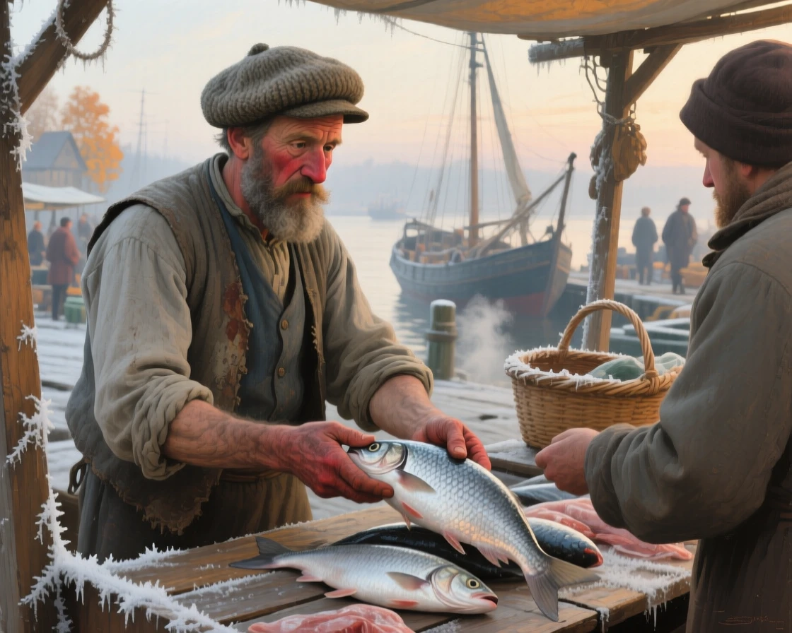A tightly framed close-up of a fisherman selling the day's fresh catch at a bustling quayside stall, in rural Poland, during the first frost of autumn.
