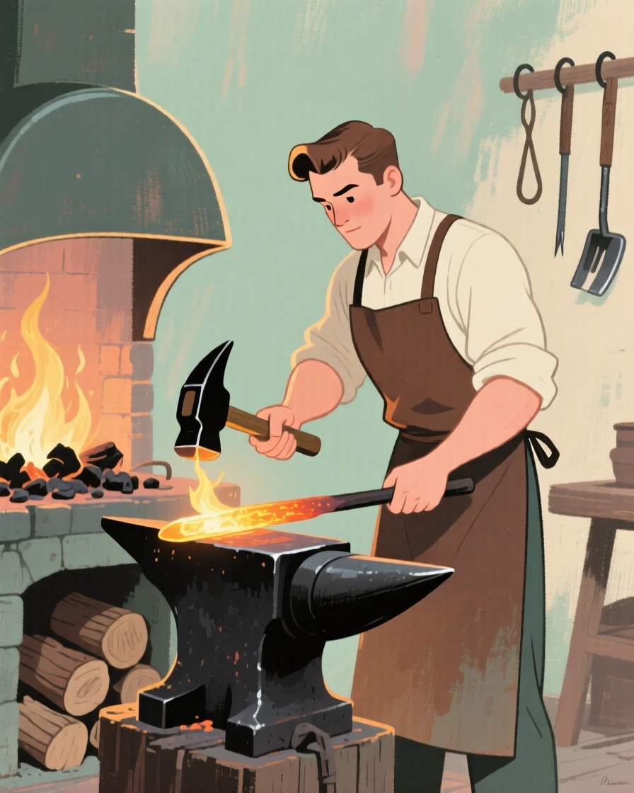 A blacksmith hammering glowing iron at a rustic forge