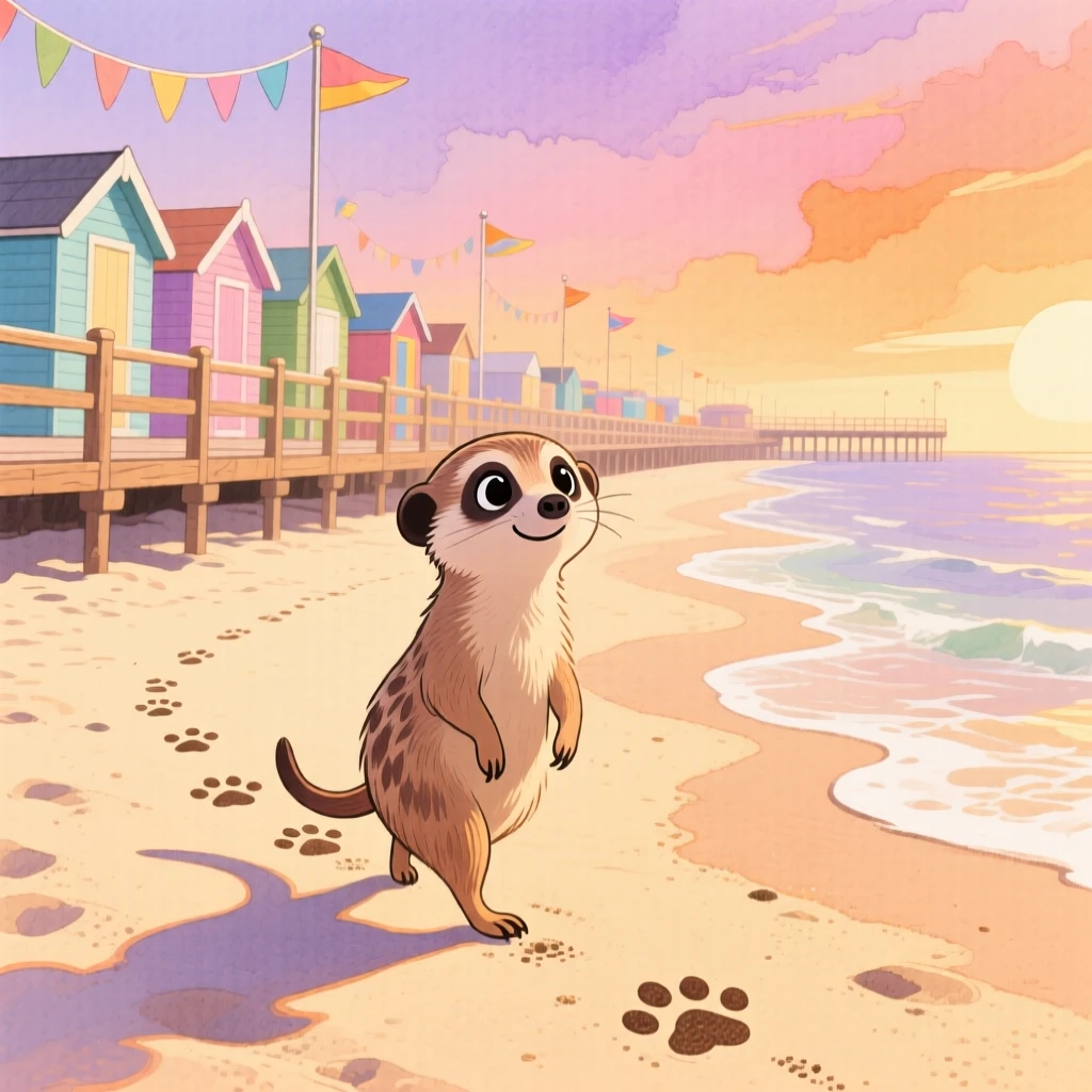 A curious meerkat following a trail of paw prints across a beach, set in a seaside boardwalk at golden hour, radiating pure innocent joy.