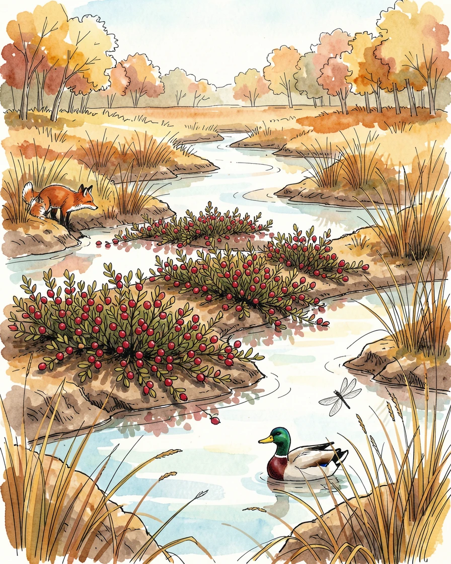 A quiet cranberry bog glowing crimson in early autumn, wildlife moving quietly at the edges of the scene.