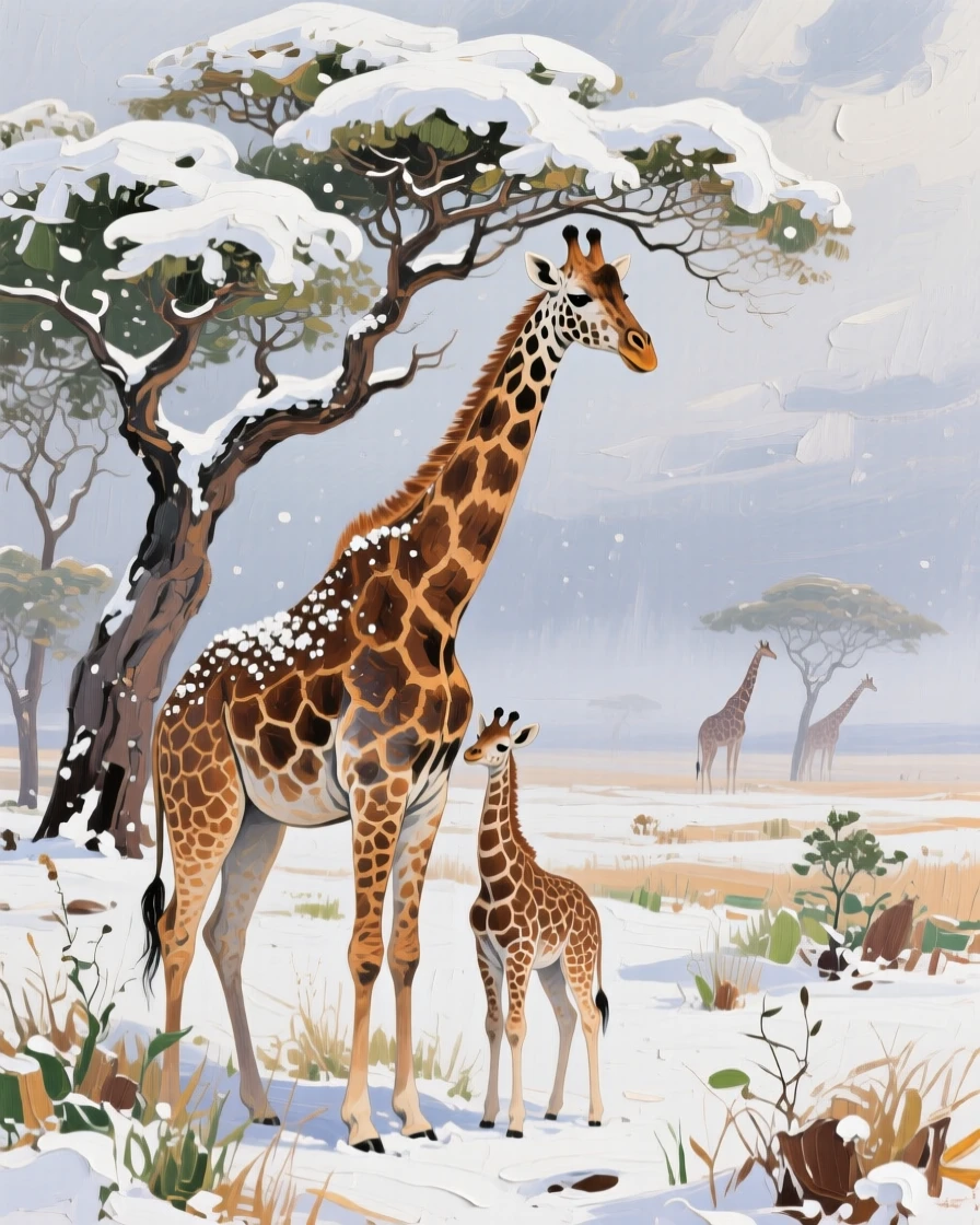 a giraffe family beneath acacia trees, after a gentle snowfall, with layered visual detail from foreground to horizon.