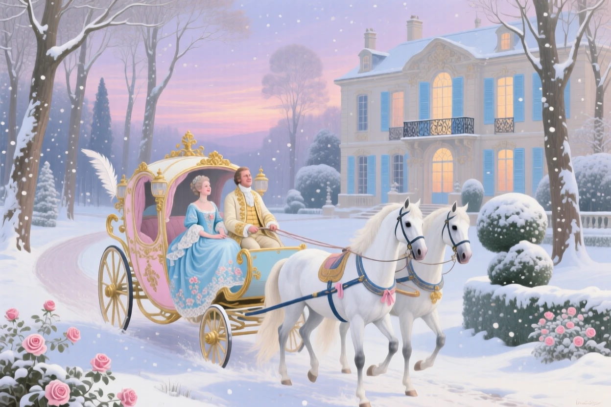 A winter carriage ride through snow-covered trees toward a grand estate  