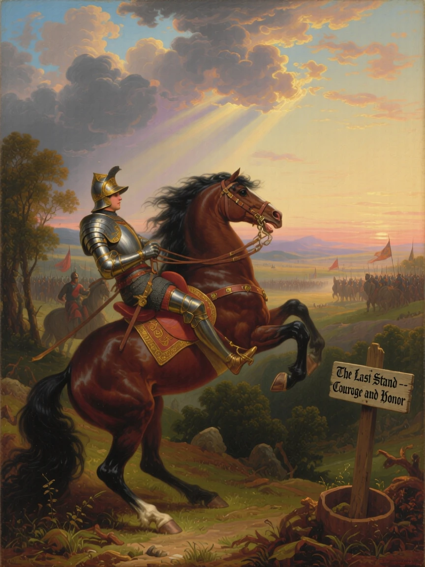 A knight's warhorse rears before a charge on an open battlefield.