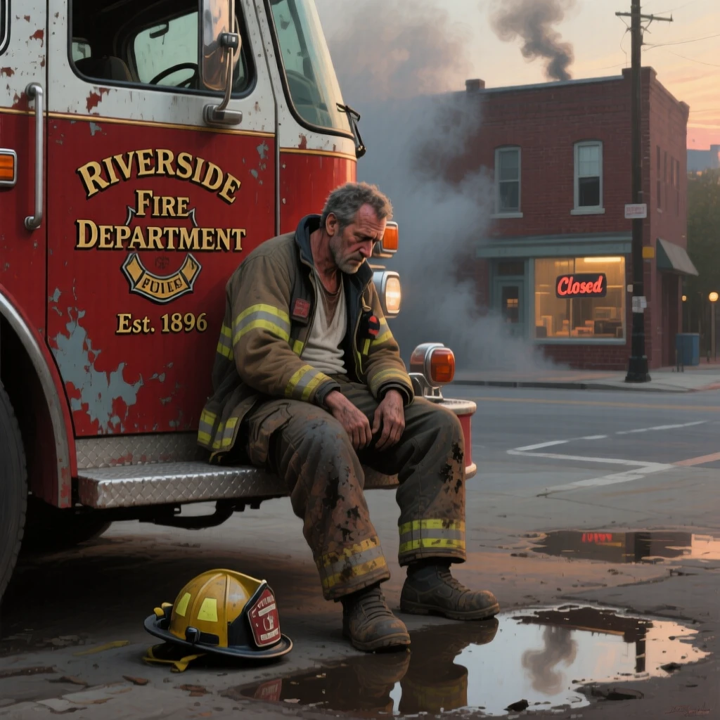 A weary firefighter resting against his truck after a long night's work, with the surrounding environment quietly reinforcing the emotion of the scene, celebrating the quiet dignity found in everyday human life