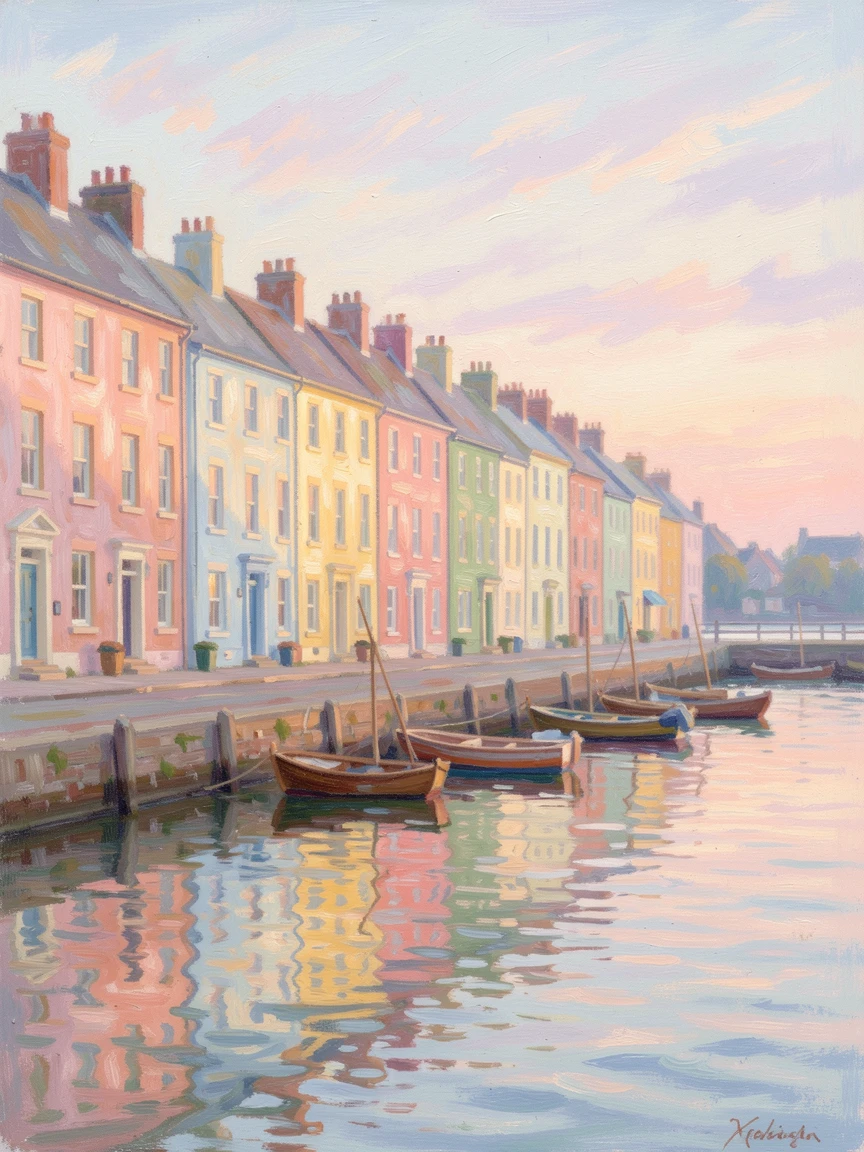 A colorful row of townhouses in a historic seaside town, boats bobbing gently in the harbor beyond.