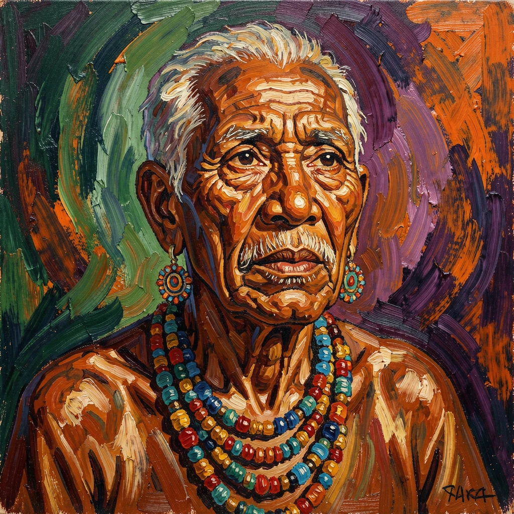 A tribal elder with deeply lined features and beaded jewelry, gazing thoughtfully into the distance.