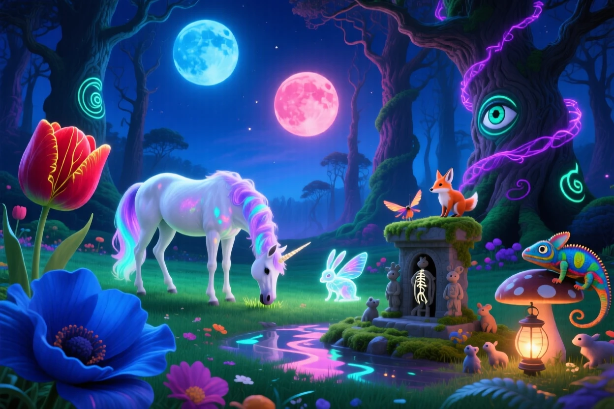 A unicorn grazing quietly in a meadow lit by twin moons drifts quietly along the edge of a moonlit forest, as small creatures gather cautiously nearby to watch.