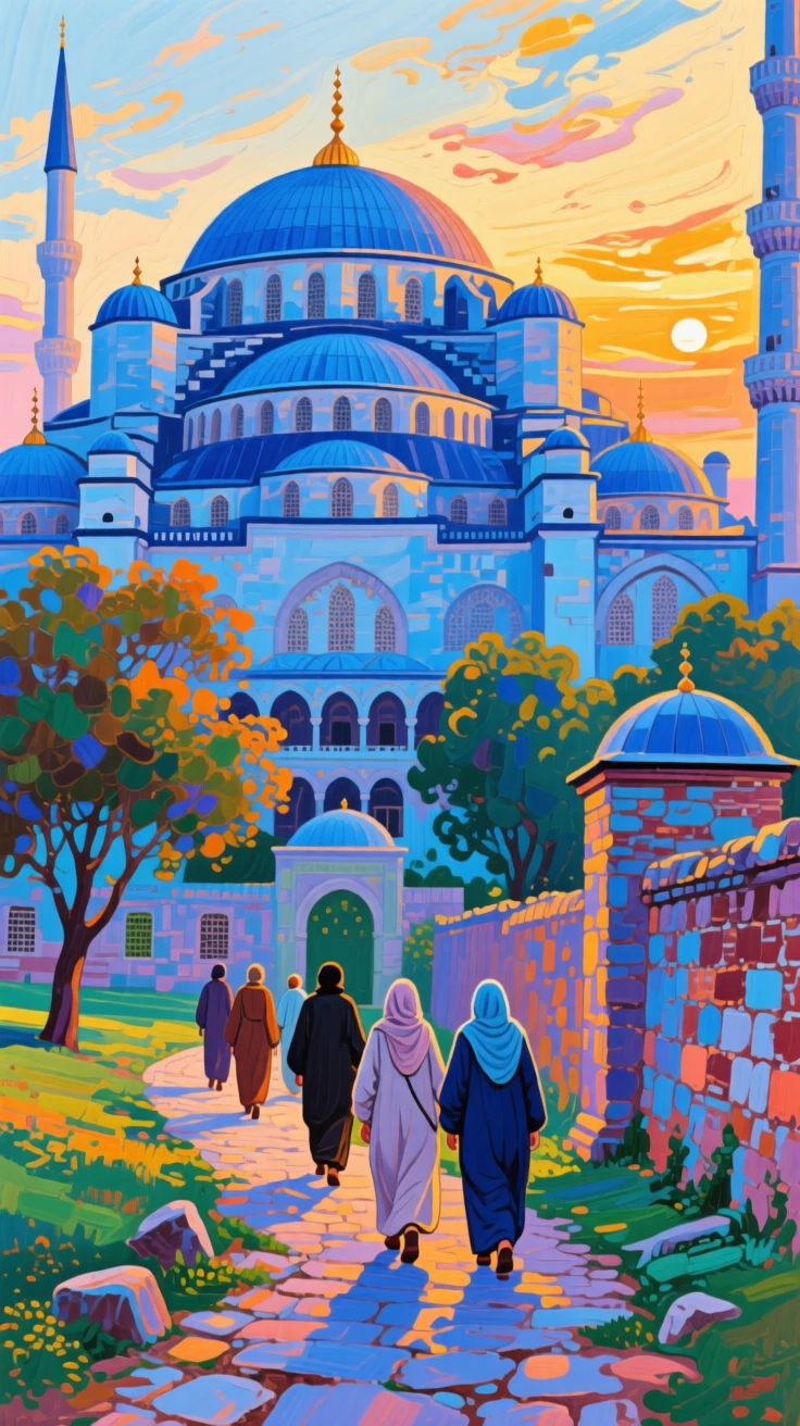 The Blue Mosque's domes catching the last light of day, at first light, a small group of pilgrims making their way along an ancient path