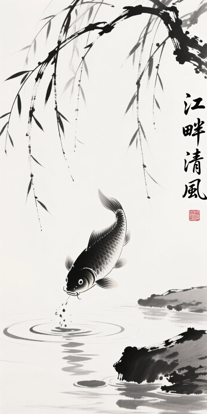 A single carp leaps above the surface of a garden pond, beneath the shade of overhanging willow branches.
