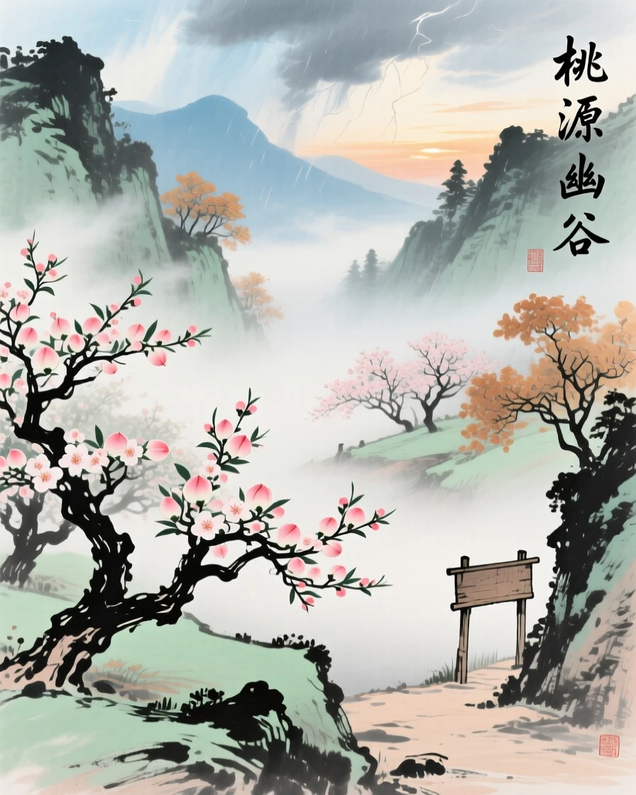 A hidden paradise valley of blossoming peach trees lost in the mist, at the turn of autumn, at dawn, under clearing skies after a storm.