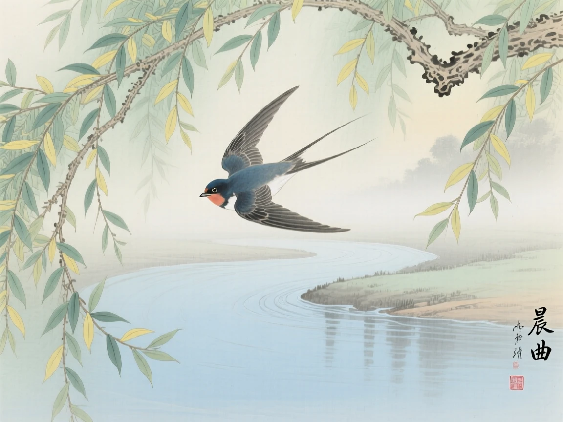 A swallow taking flight over a misty river bend, soft morning light filtering through the branches