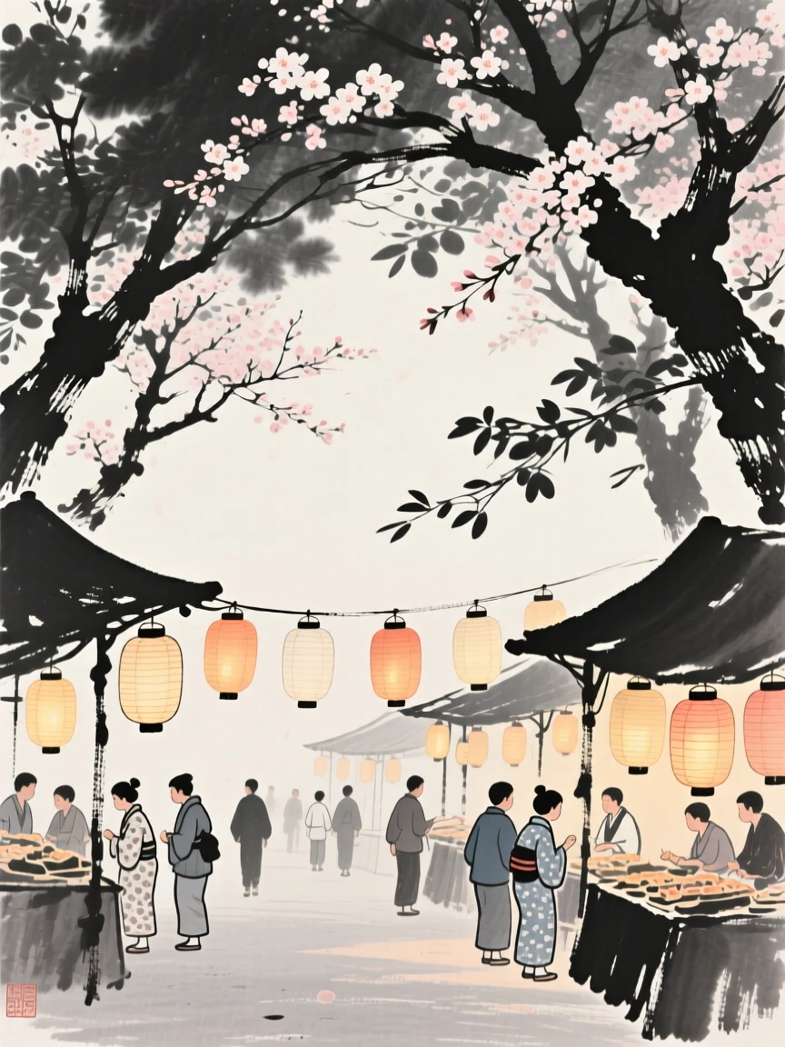 A midsummer evening market lit by paper lanterns beneath a canopy of blossoming trees, framed to capture both intimate detail and the wider atmosphere, carrying a joyful yet peaceful atmosphere.