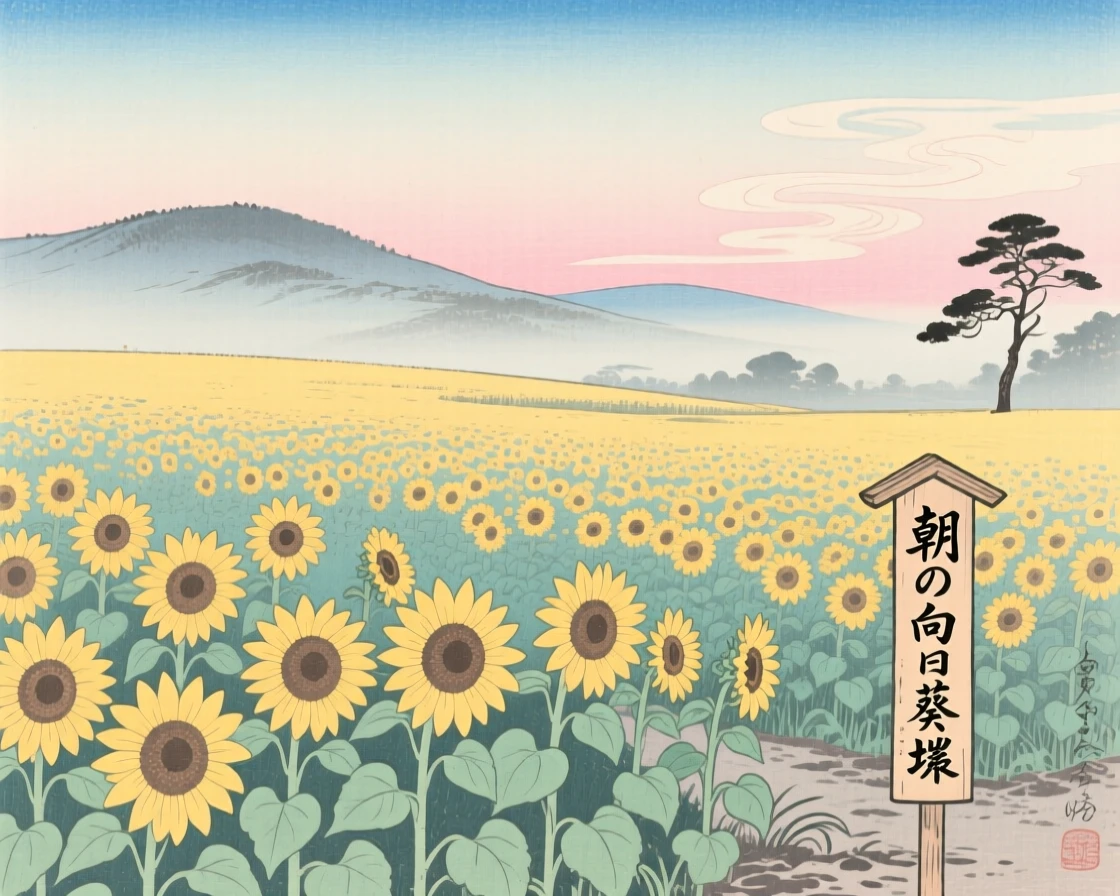 A sunflower field stretching to the horizon in the stillness of early morning.