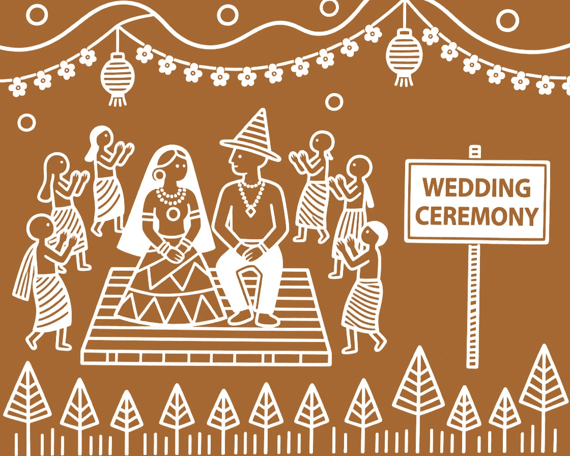 A wedding ceremony celebrated with a bride and groom seated at the center of the gathering.