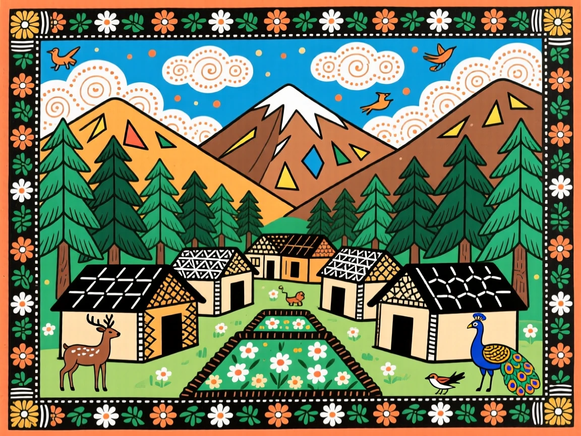 A mountain village nestled among pine forests and drifting clouds.