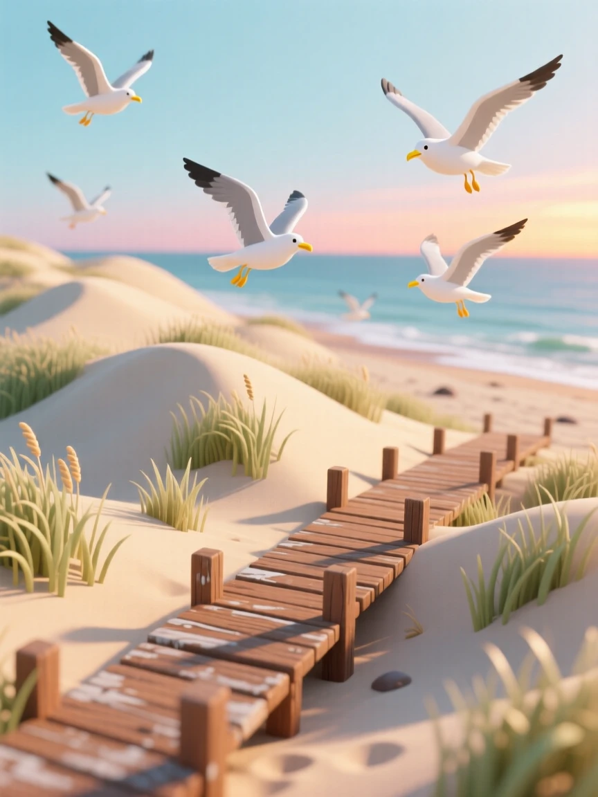 A coastal dune landscape with sea grass swaying, a weathered boardwalk leading to the beach, and gulls circling overhead at sunset.