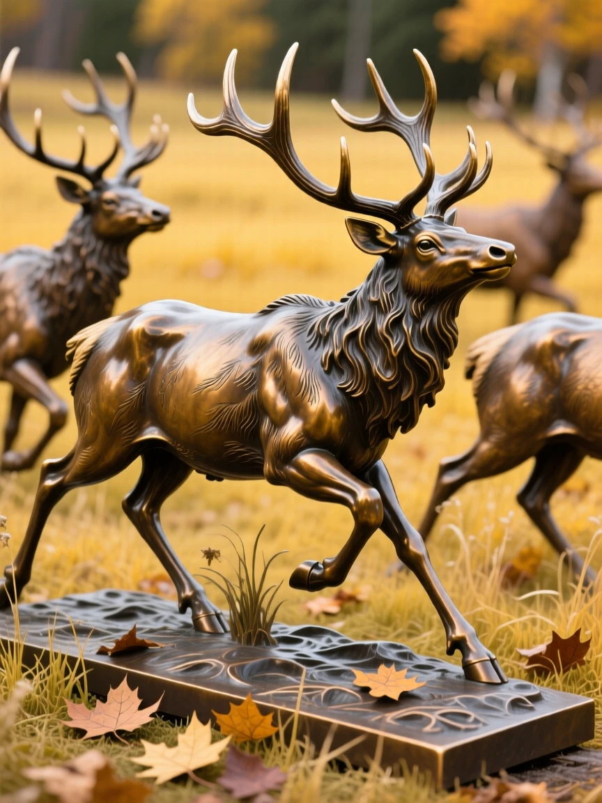 A herd of elk crossing a golden autumn meadow, captured mid-motion with powerful grace, evoking wonder and majesty