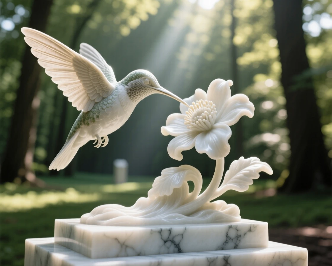 A striking close-up of a hummingbird hovering over a flower, full of life and grace, in a sunlit clearing