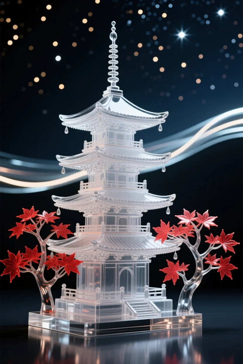 A Kyoto pagoda surrounded by red maple trees under a starry night sky, long soft light trails in the distance, composition emphasizing scale and grandeur.