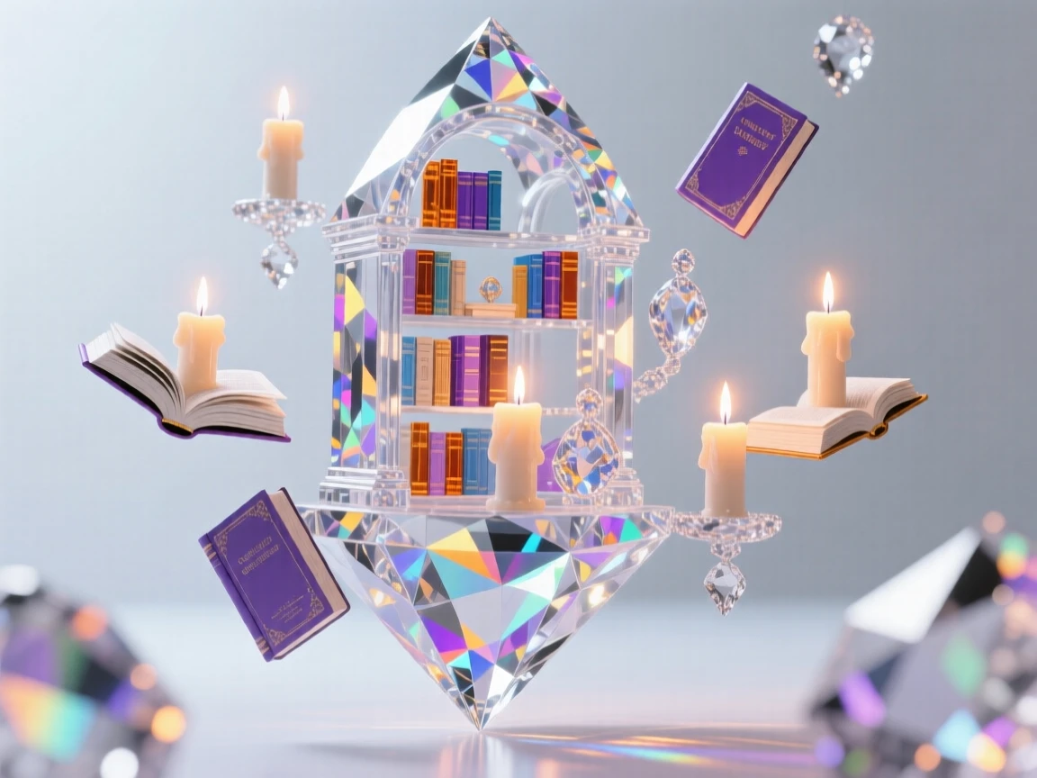 A magical library with floating books and glowing candles suspended in mid-air.