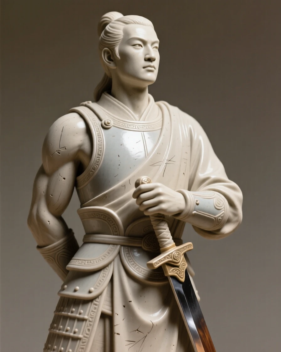 A warrior resting his hand on a sheathed sword standing proudly with chin lifted high, adorned with simple, elegant ornamentation, stirring nostalgia and heartfelt warmth.