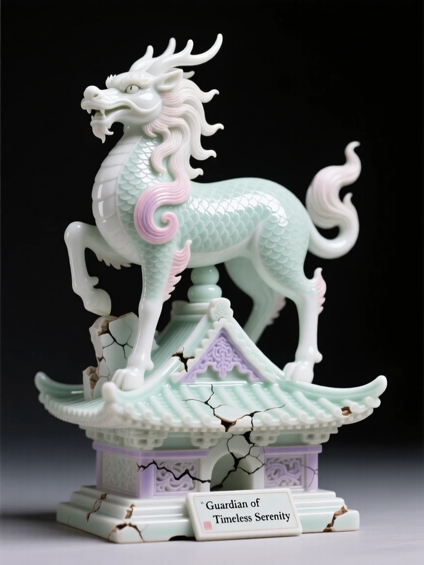 A majestic kirin perched atop a crumbling temple spire, an aura of quiet, ancient power surrounding it.