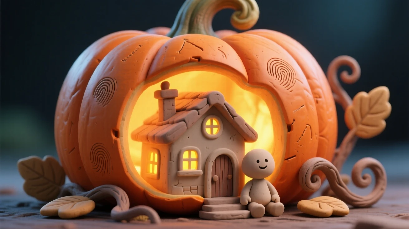 A tiny house nestled inside a giant glowing pumpkin