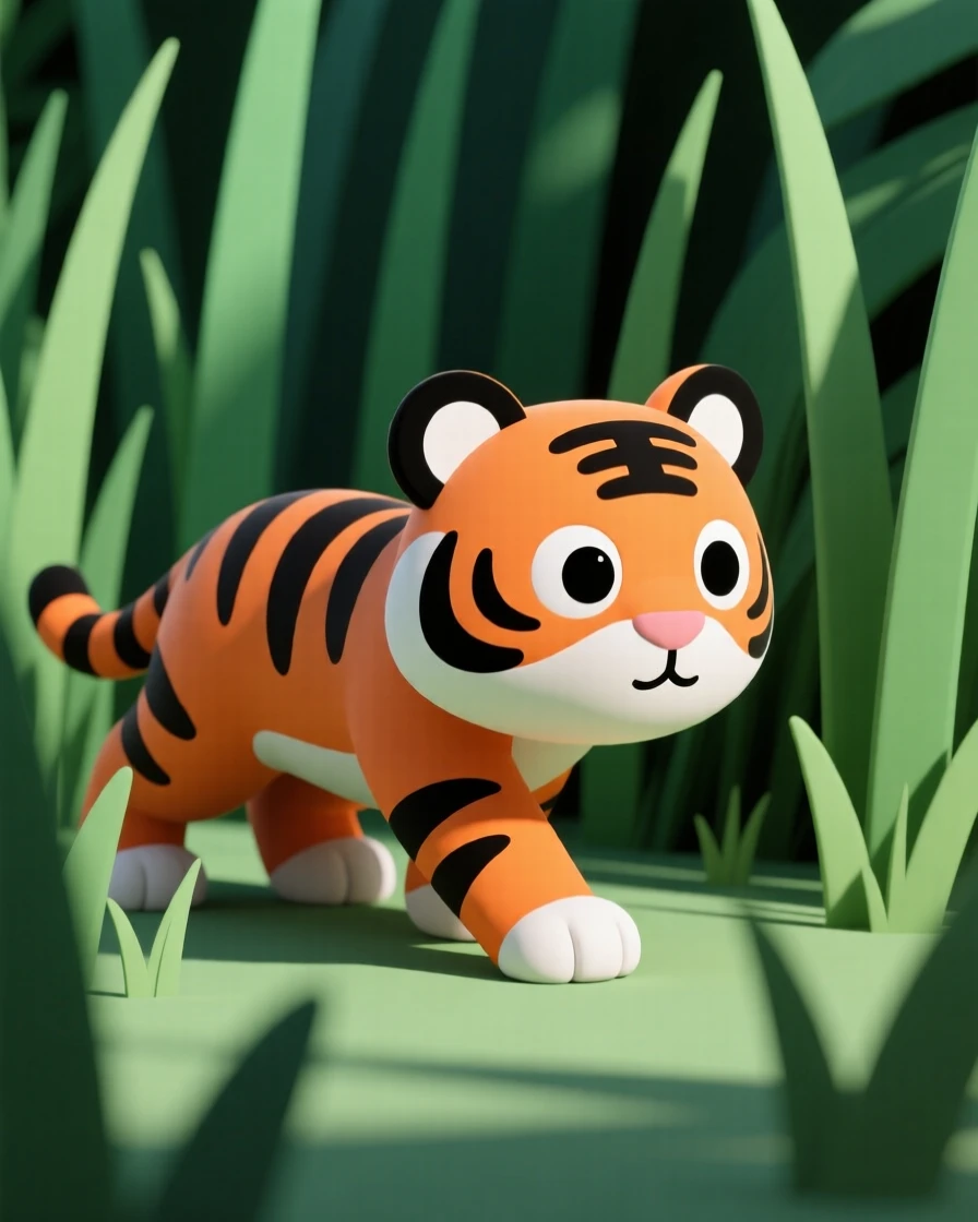 A majestic tiger prowls silently through tall jungle grass, orange and black stripes blending with dappled shadows.