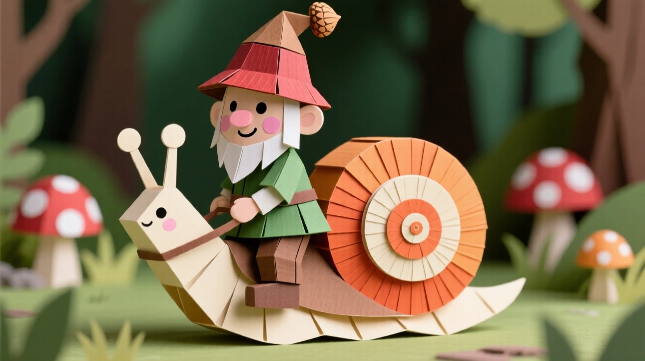 A little acorn-capped forest gnome riding on the back of a friendly snail through a mushroom-dotted glade, evoking whimsical adventure.