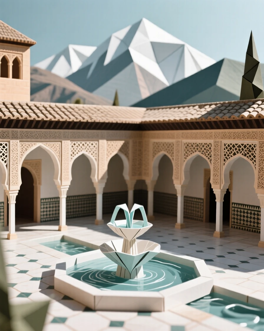 The Alhambra's intricate courtyards and fountains framed by the Sierra Nevada mountains beyond.
