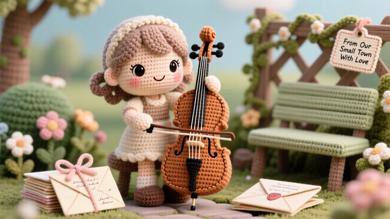 a young cellist girl, with her instrument nearly as tall as she is, is captured playing softly in a quiet garden in a bustling small-town market square beside a stack of handwritten letters tied with ribbon, radiating comforting familiarity and small-town charm.