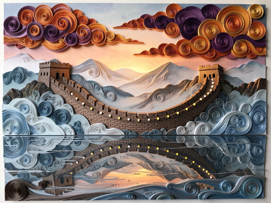 the Great Wall of China winding across misty mountain ridges, beneath dramatic clouds catching the last light of day, shown reflected symmetrically in calm water below, with twinkling lights beginning to glow at dusk.