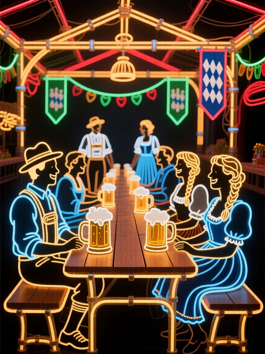 A Oktoberfest beer hall filled with long tables and traditional dress.