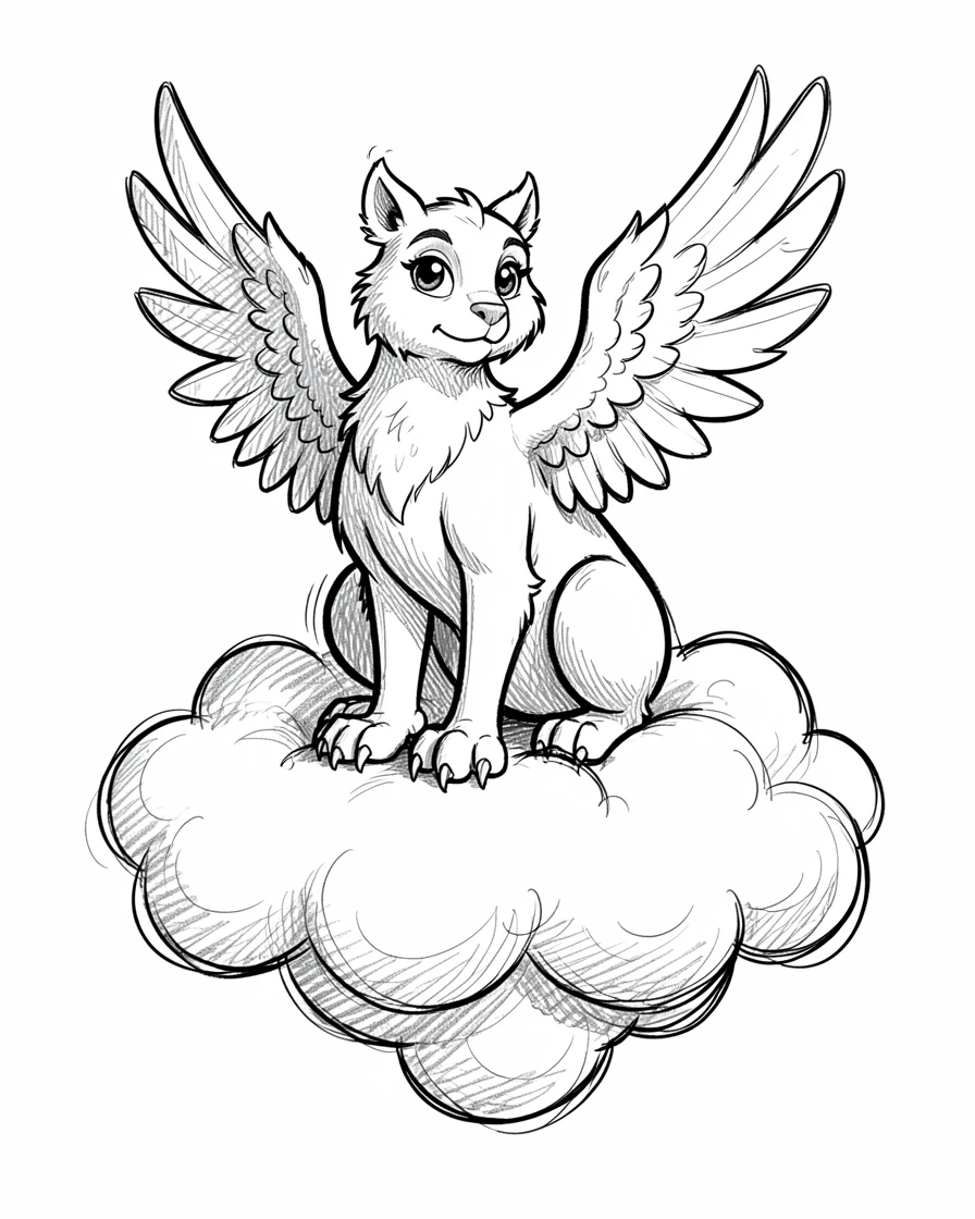 A gentle griffin with feathered wings atop a floating island of clouds.