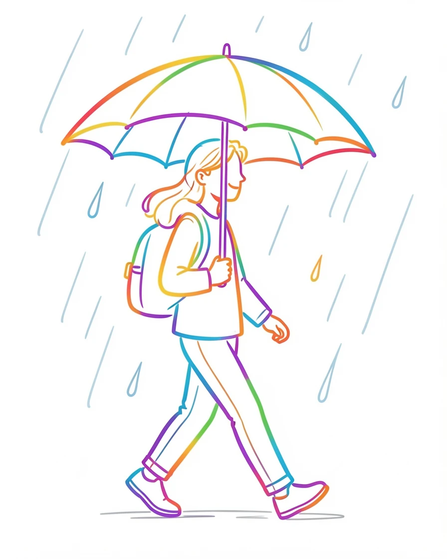 A person walking home in the rain holding a colorful umbrella.