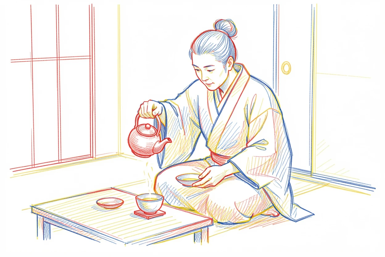A tea master pouring tea with precise, practiced grace in a traditional room