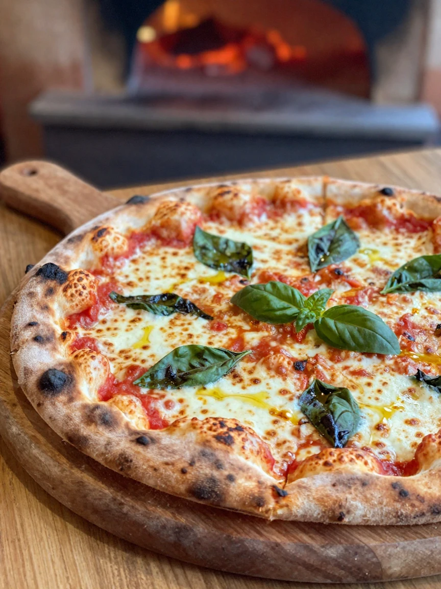 A wood-fired pizza fresh from the oven with bubbling cheese