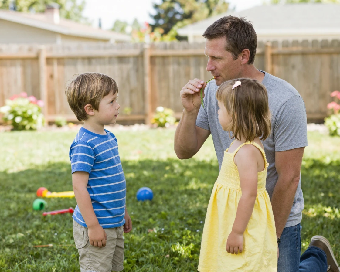 A father teaches his twins to whistle using a blade of grass.