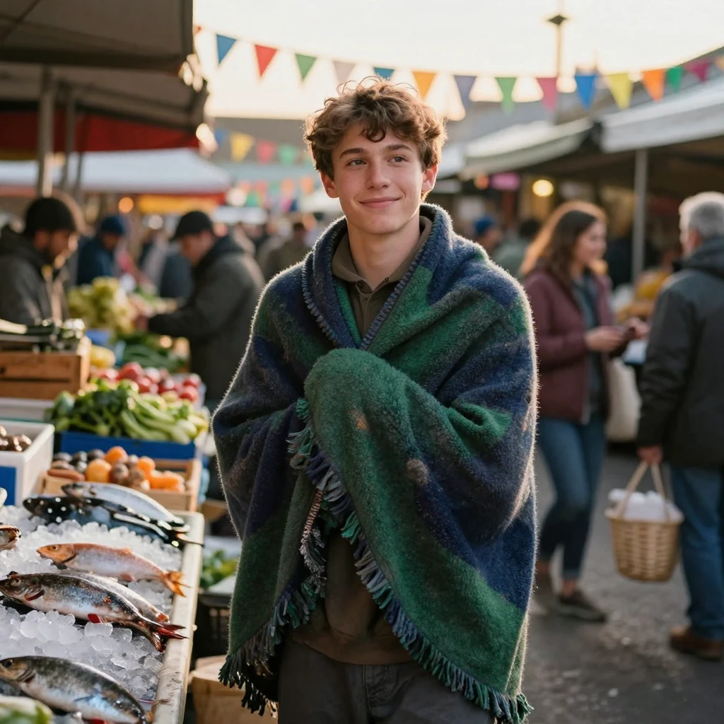 A teenage fisherman wrapped in a thick woolen blanket in a bustling open-air market, a gentle smile crossing their face