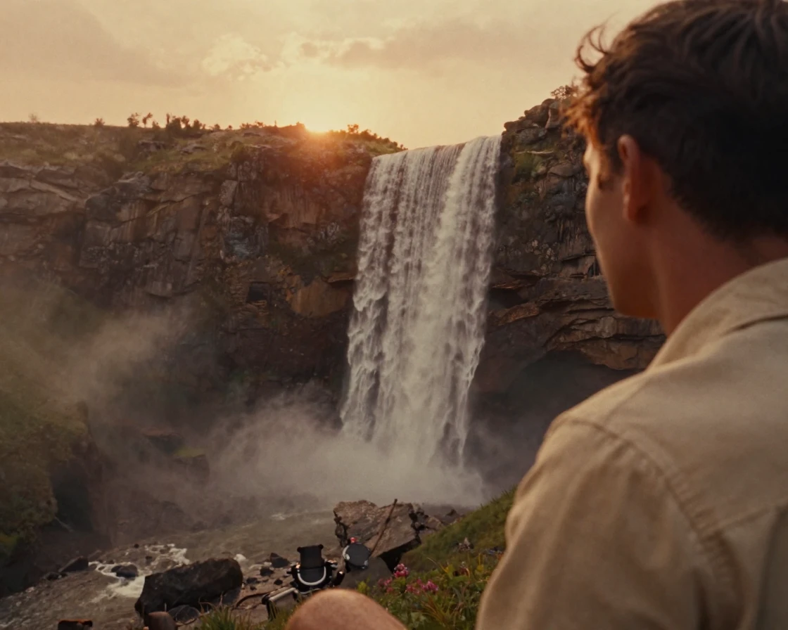 A waterfall cascading down a sheer mountain rock face, under a glowing sunset sky, as mist rises off the ground, during the long days of summer, dominated by warm amber and rust tones, over the shoulder of the main subject.