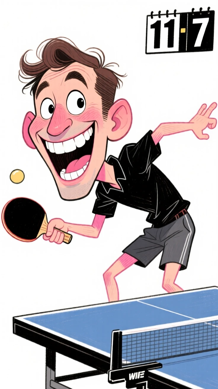 A man giving an exaggerated bow after a triumphant game of ping pong.