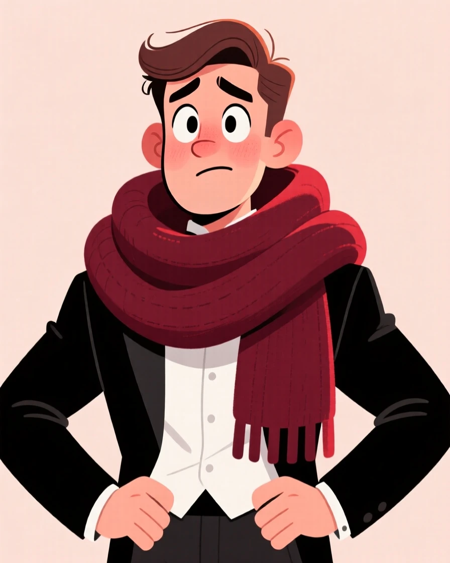 A charming portrait of a nervous groom, striking a proud pose with hands on hips, wrapped in a cozy oversized scarf.