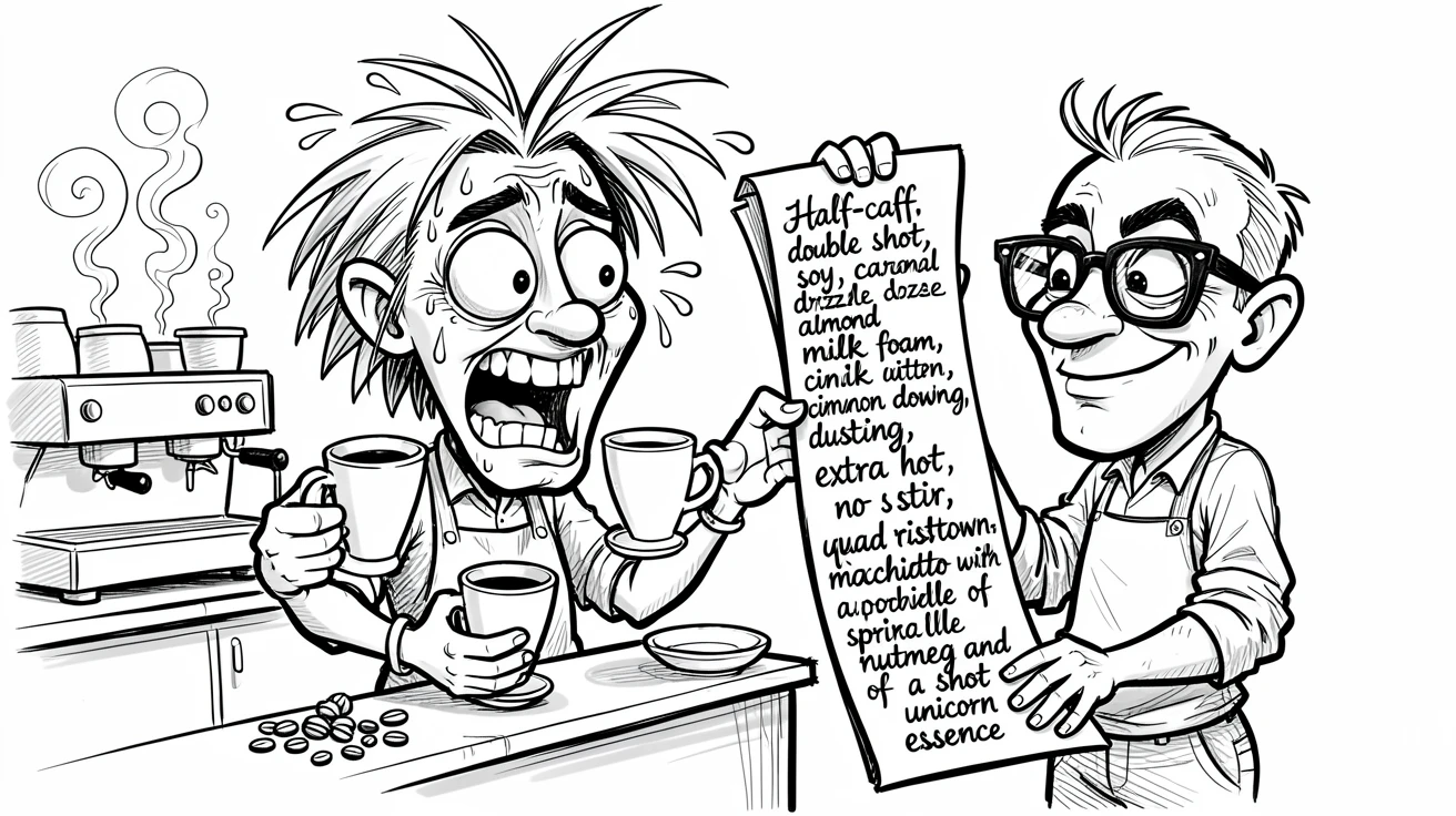 [Funny & Exaggerated Situations] Comical scene of a barista overwhelmed by a customer's absurdly complicated coffee order, exaggerated for maximum laughs
