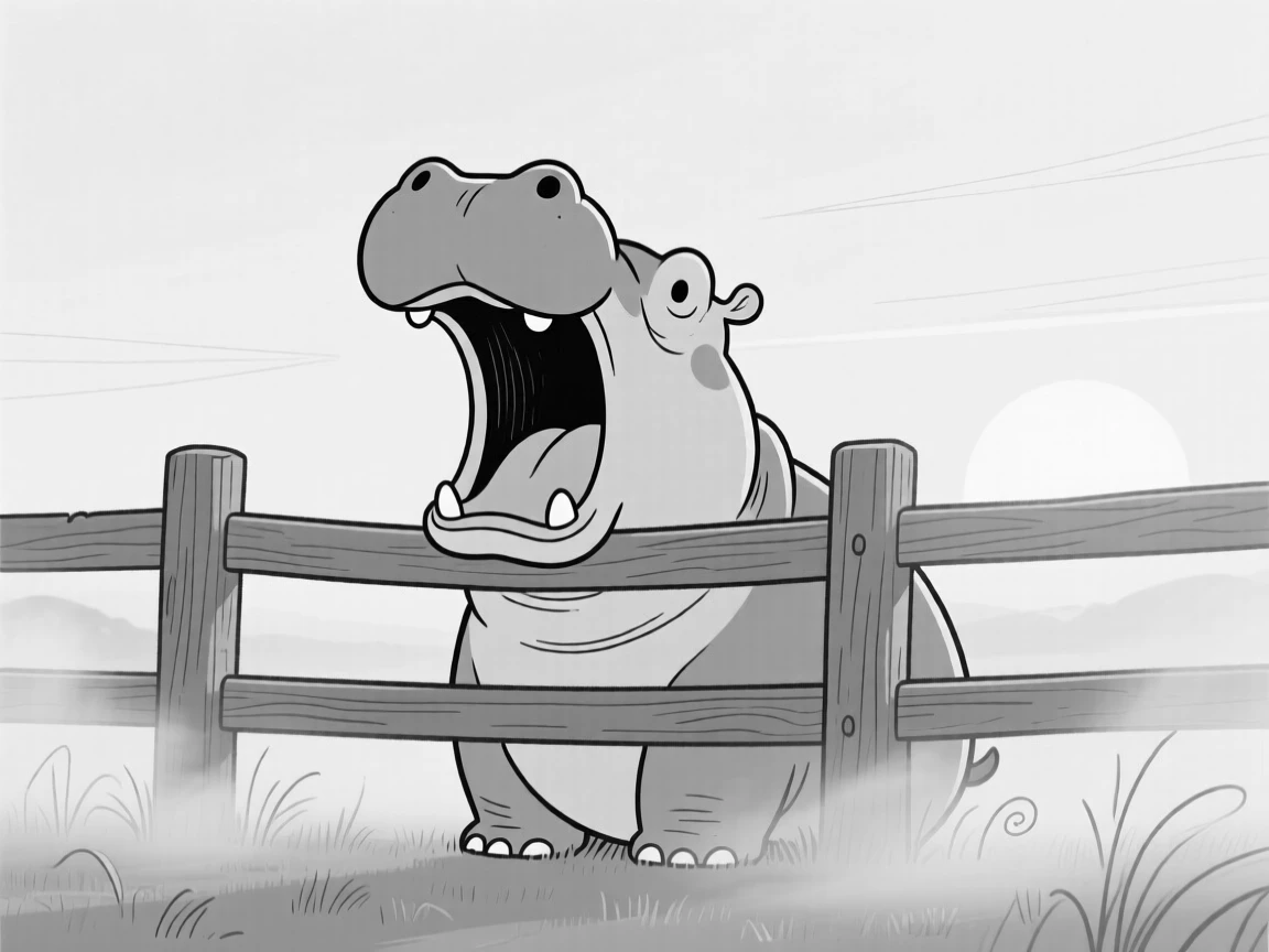 A wide-mouthed hippo yawning enormously, peeking out with only its eyes visible, set atop a rustic wooden fence at sunrise. Morning mist clings to the grass. There's something deeply endearing about the little chaos.
