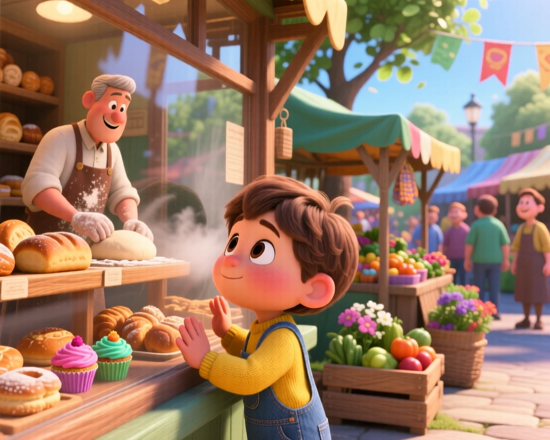 A child pressing their nose against a bakery window is captured at a sunny farmers market bustling with vendors, with a light breeze stirring nearby leaves. The mood is calm, familiar, and quietly delightful.