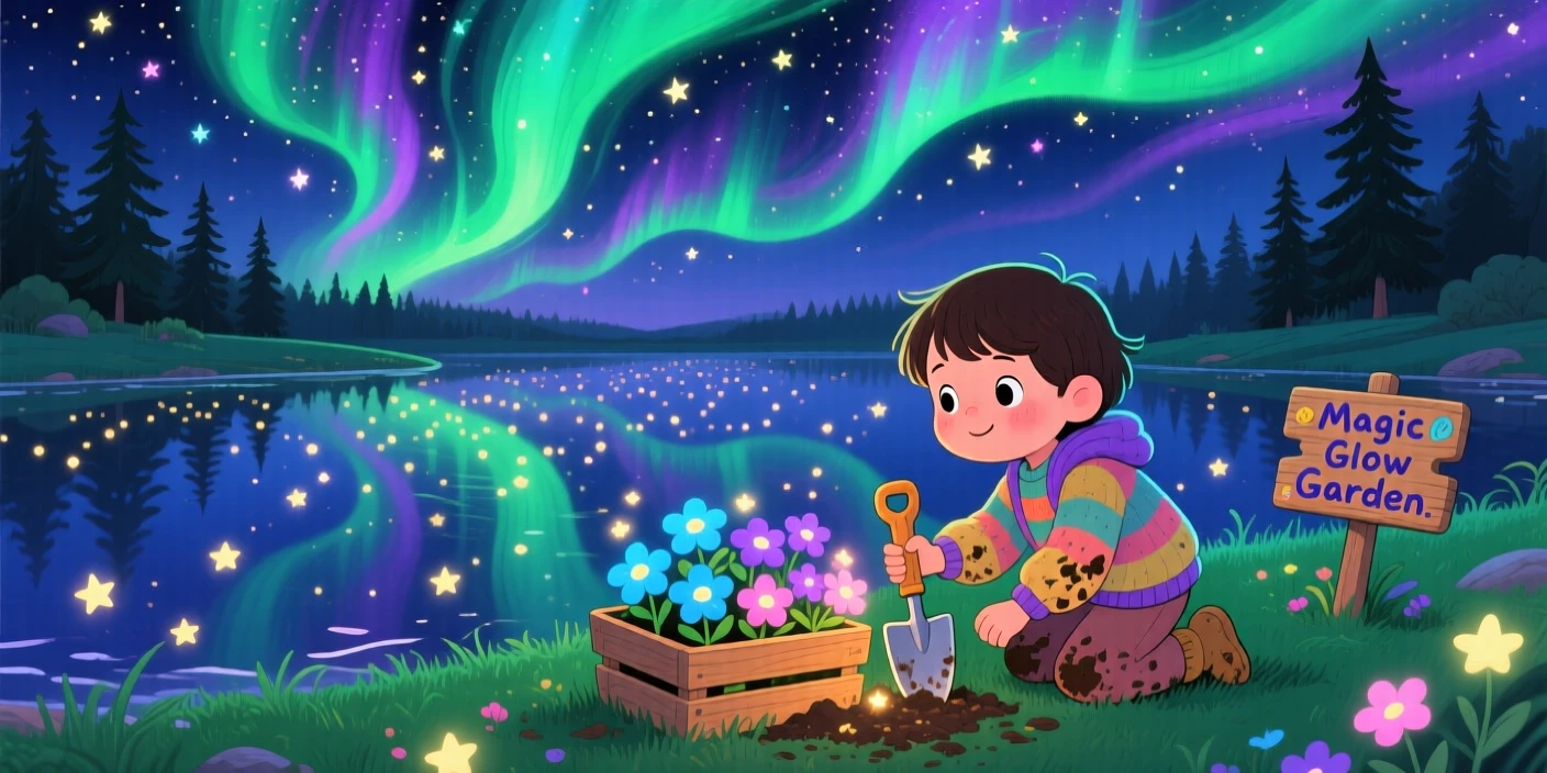 A star-catching child pauses from planting a garden of glowing flowers to marvel at a starlit lake, as the northern lights ripple overhead.