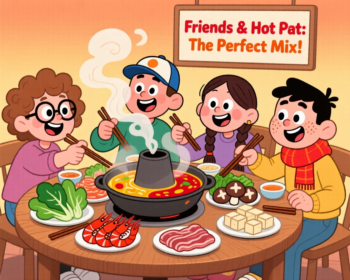 A hot pot dinner shared by friends around a table.