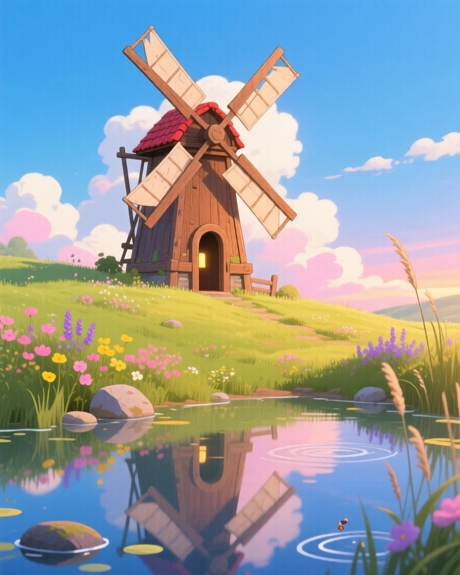 A charming view of a windmill standing alone against a wide open sky, reflected perfectly in a still nearby pond.