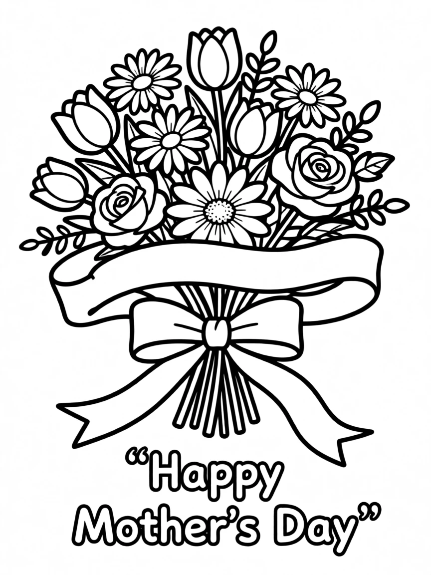 A Mother's Day bouquet of flowers wrapped with a ribbon